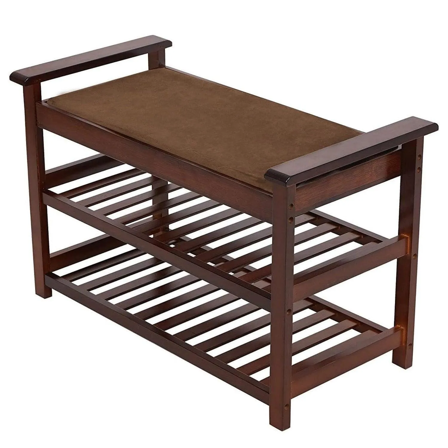 2-Tier Upholstered Bamboo Shoe Rack Bench 30" Entryway Shelf Organizer Storage Bench, Brown