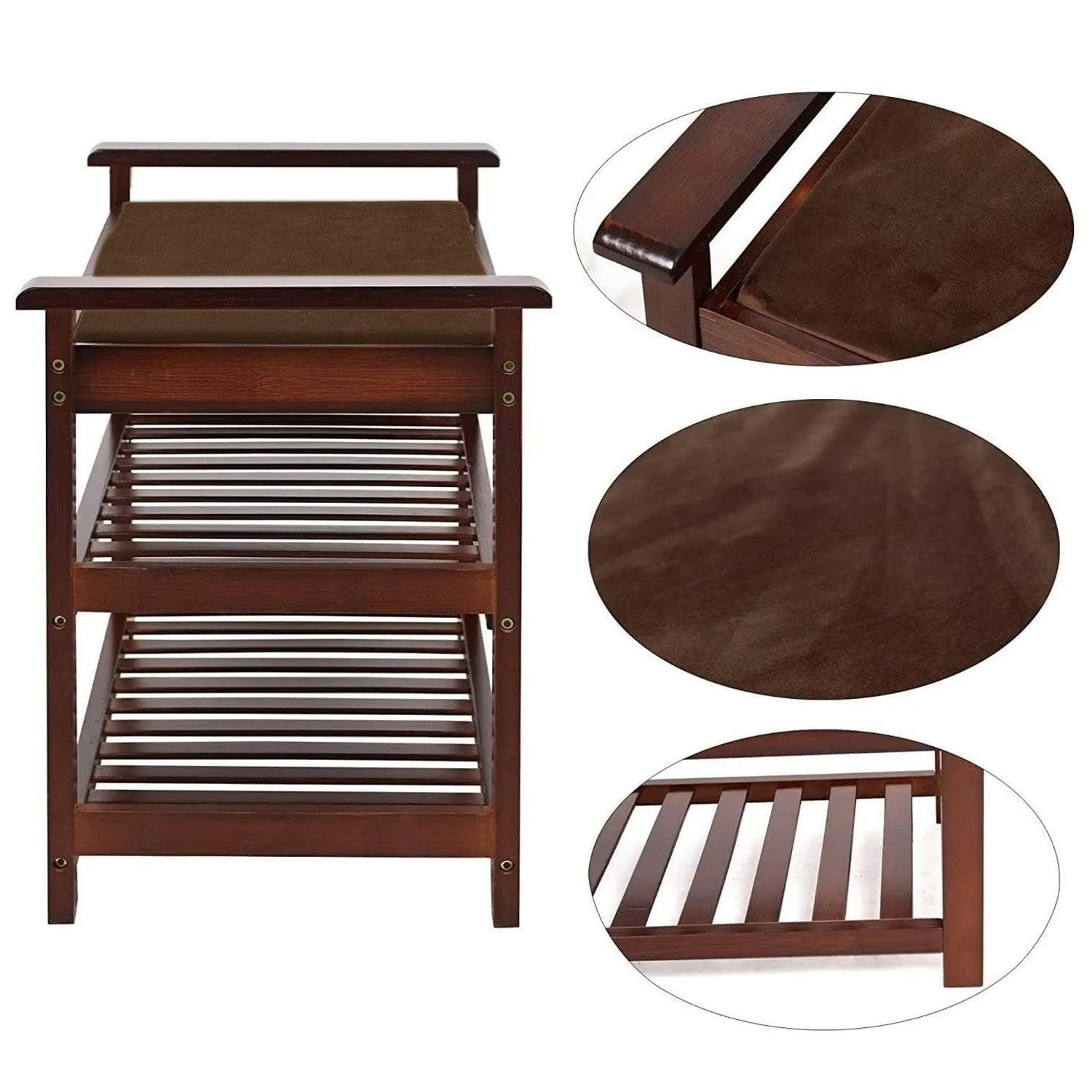 2-Tier Upholstered Bamboo Shoe Rack Bench 30" Entryway Shelf Organizer Storage Bench, Brown