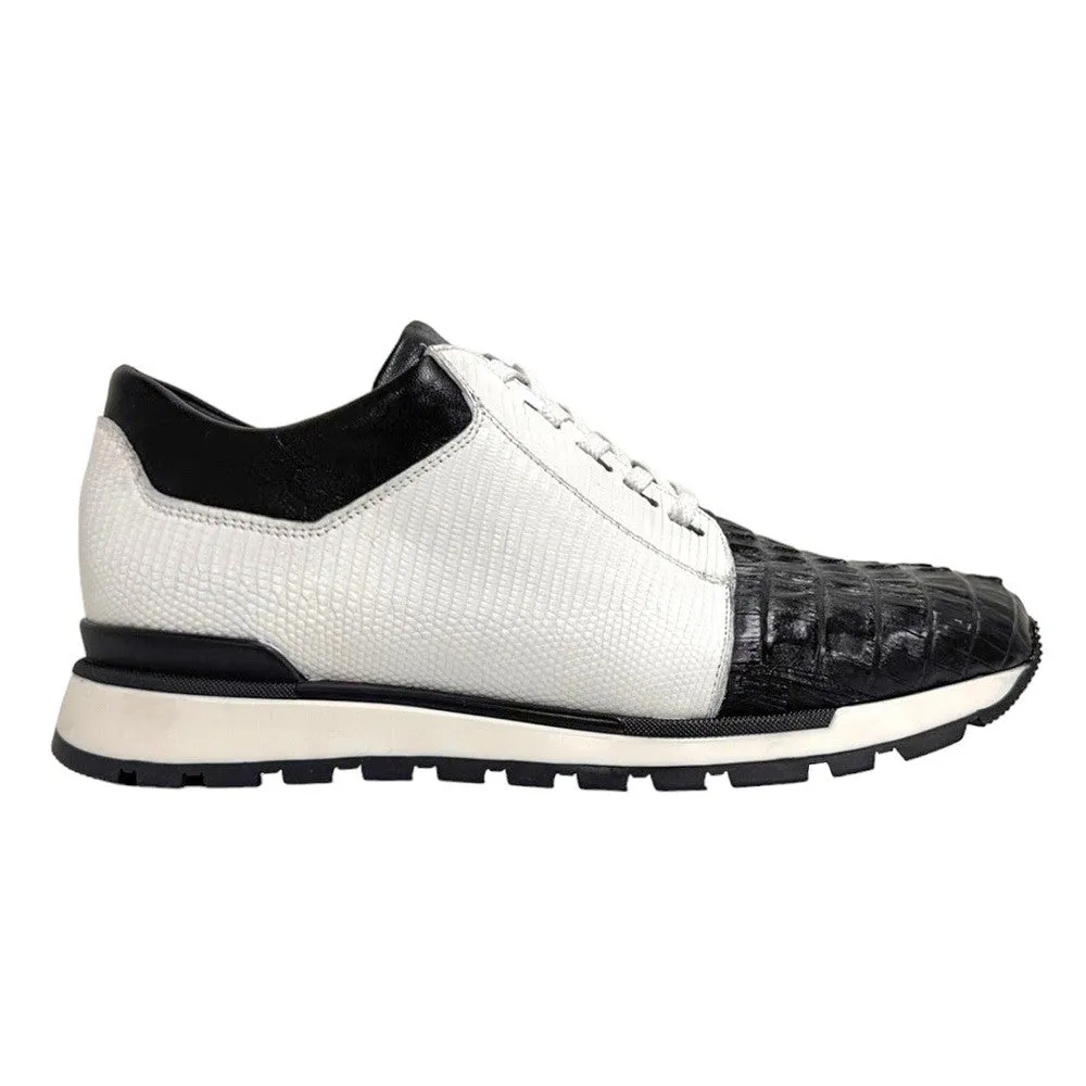 7 CM/2.76 Inches CMR CHAMARIPA Men’s Exotic Leather Elevator Sneakers - Black & White Crocodile, Lizard, and Calf Leather Casual Shoes