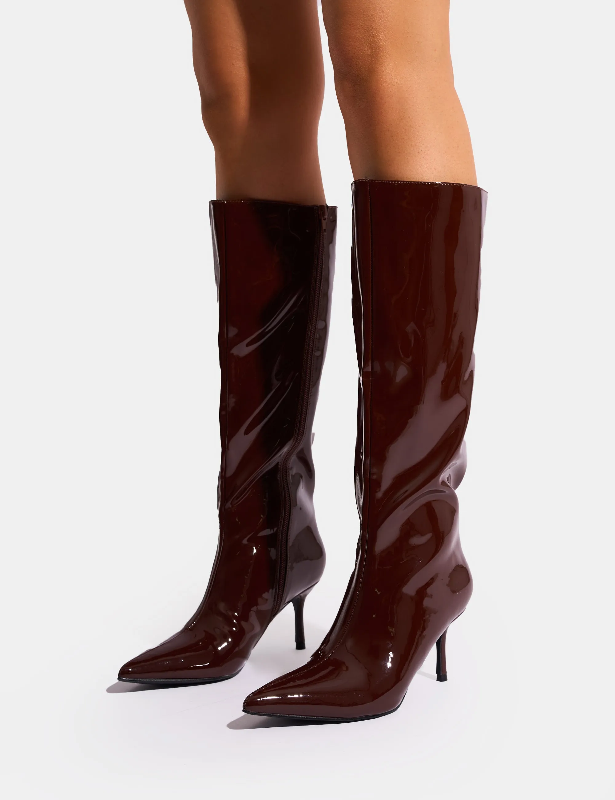 Amped Chocolate Patent Pointed Toe Mid Heel Knee High Boots