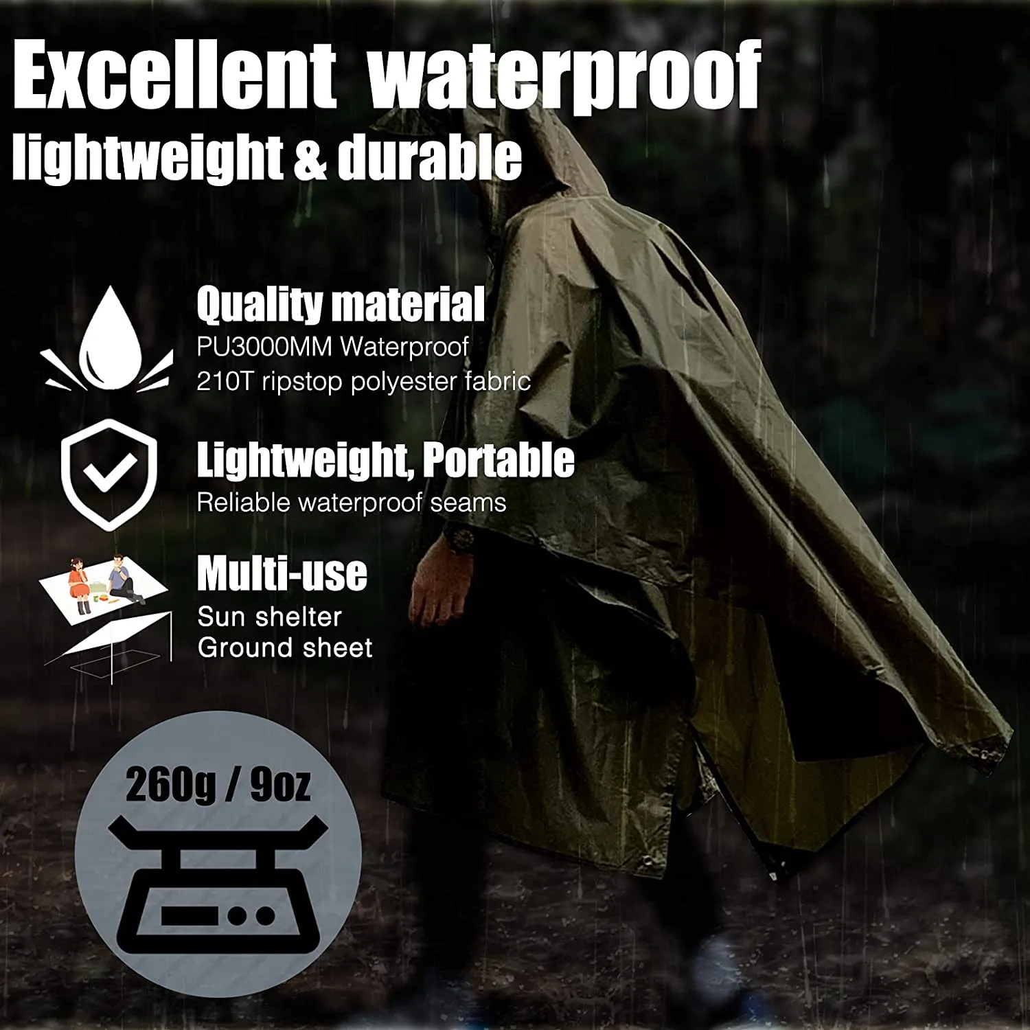 Anyoo Waterproof Rain Poncho Lightweight Reusable Hiking Hooded Coat Jacket for Outdoor Activities