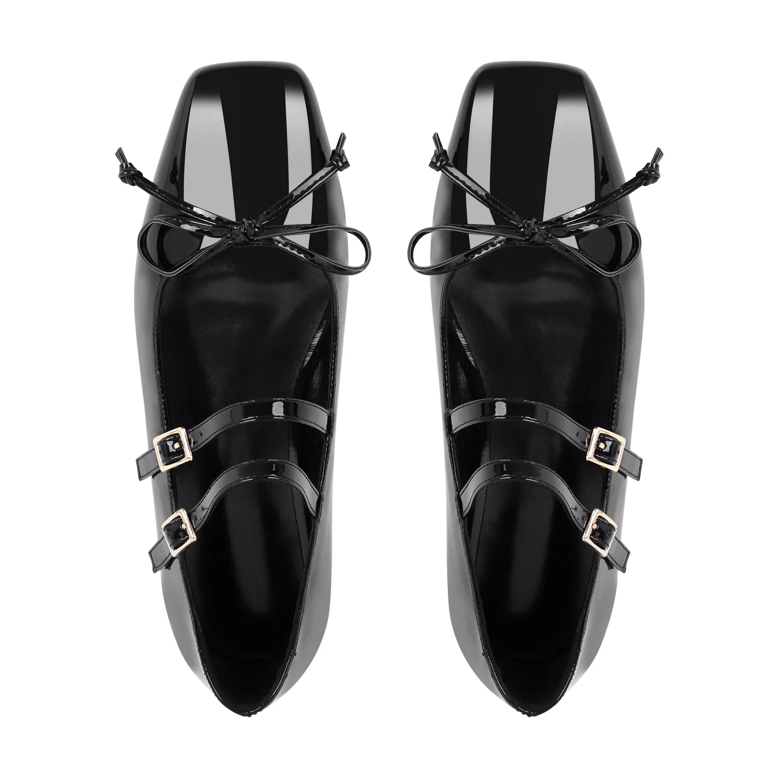 Black Bow Square Toe Buckle Ballet Flats