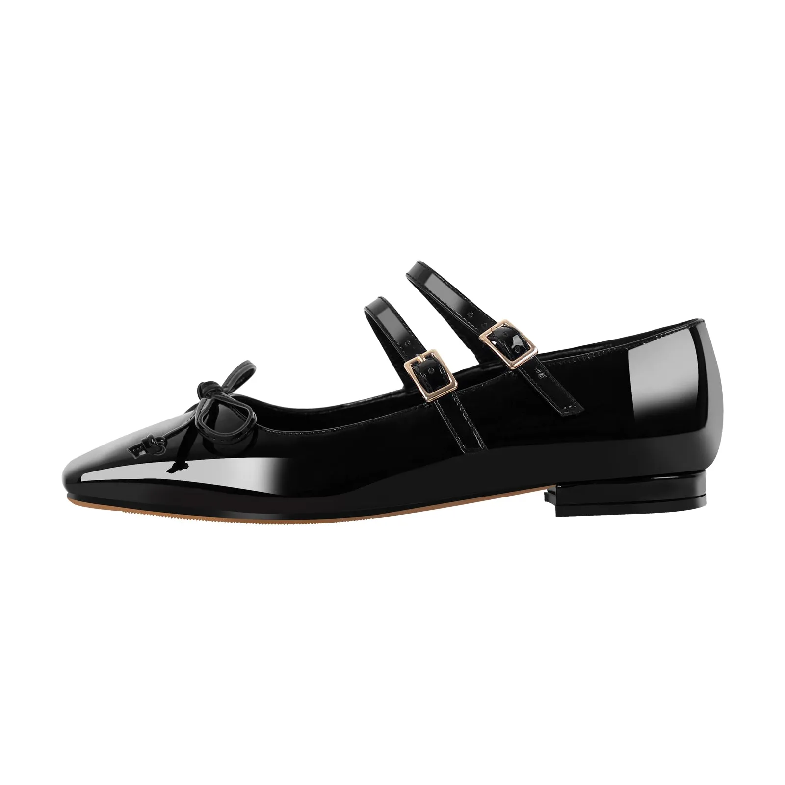 Black Bow Square Toe Buckle Ballet Flats