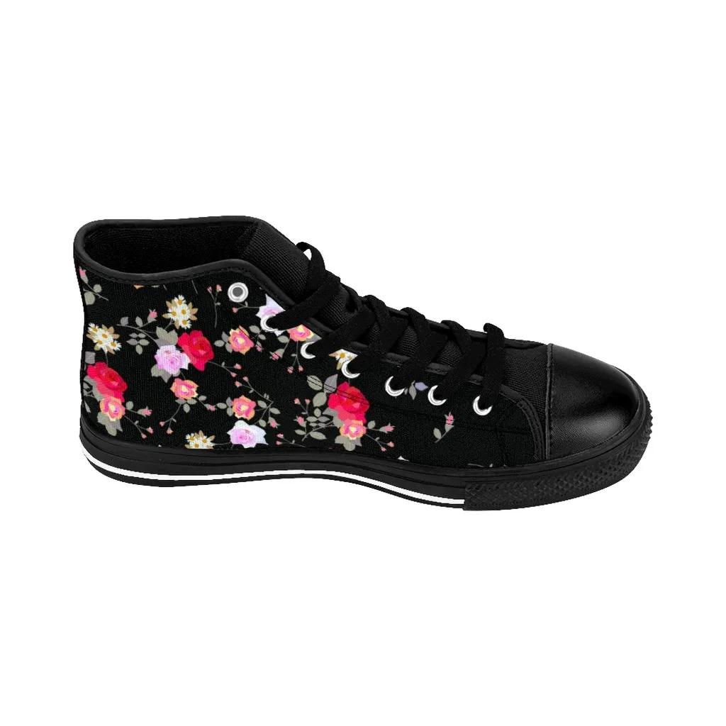 Black Floral Women's Sneakers, Rose Flower Print Designer High-top Fashion Tennis Shoes