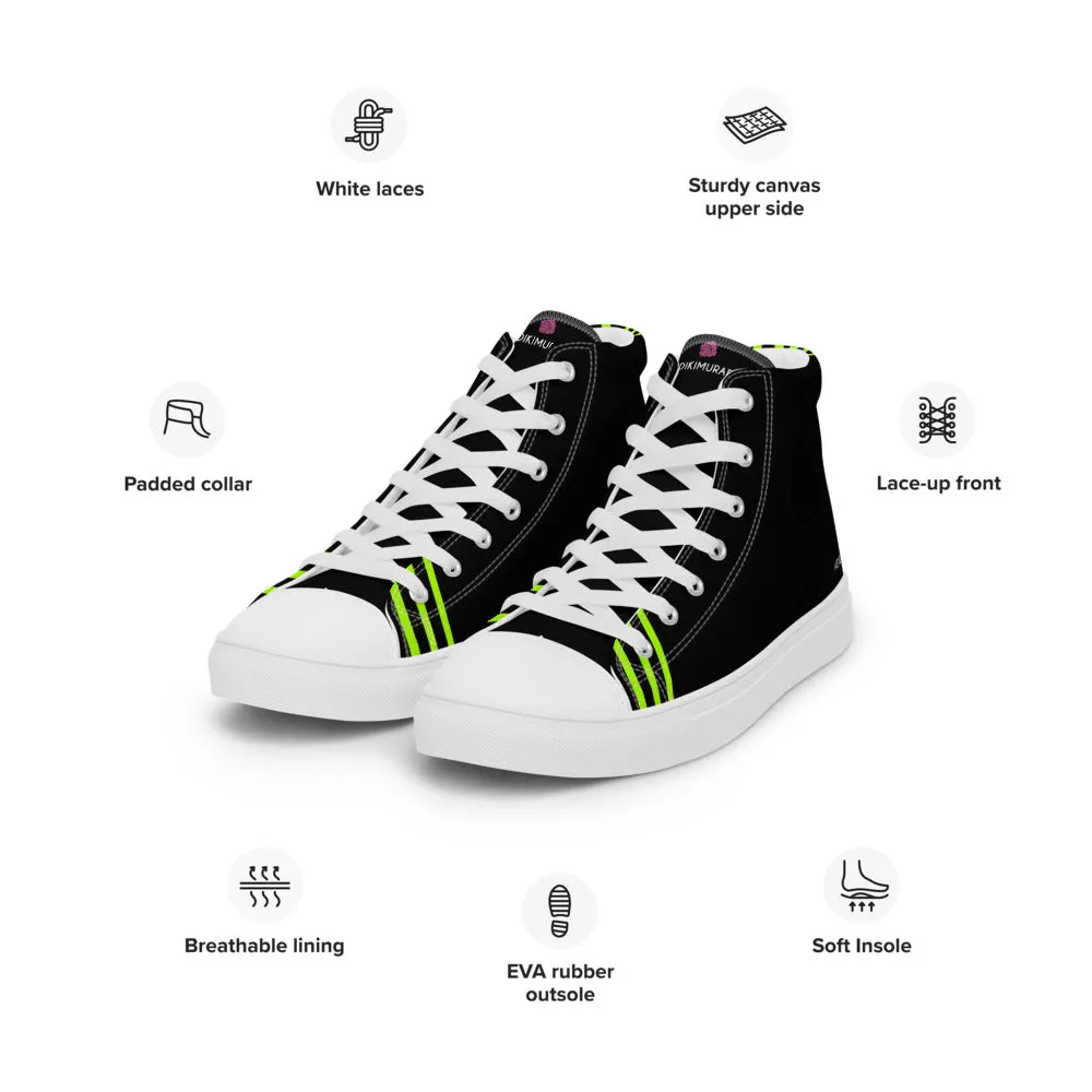 Black Green Striped Women's Sneakers, Neon Green Stripes High Top Tennis Shoes For Ladies