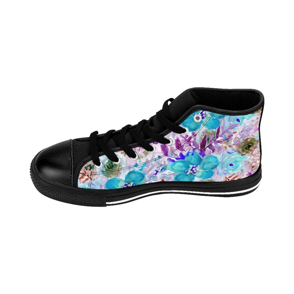 Blue Floral Women's Sneakers, Flower Print Designer High-top Sneakers Tennis Shoes (US Size: 6-12)