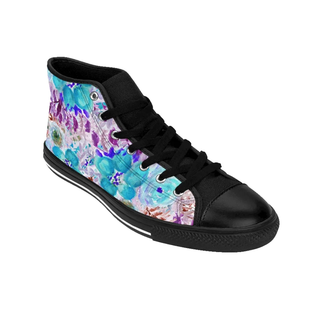 Blue Floral Women's Sneakers, Flower Print Designer High-top Sneakers Tennis Shoes (US Size: 6-12)