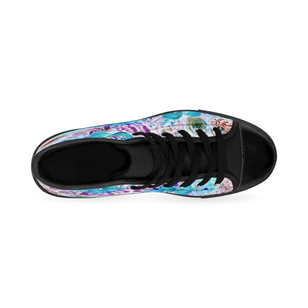 Blue Floral Women's Sneakers, Flower Print Designer High-top Sneakers Tennis Shoes (US Size: 6-12)