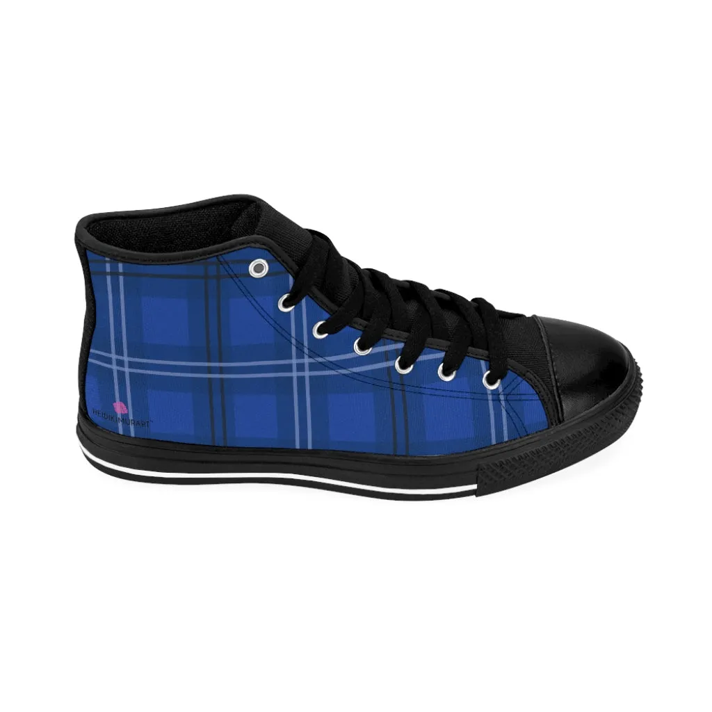 Blue Plaid Men's High Tops, Scottish Plaid Preppy Printed Canvas Fashion Tennis Shoes For Men