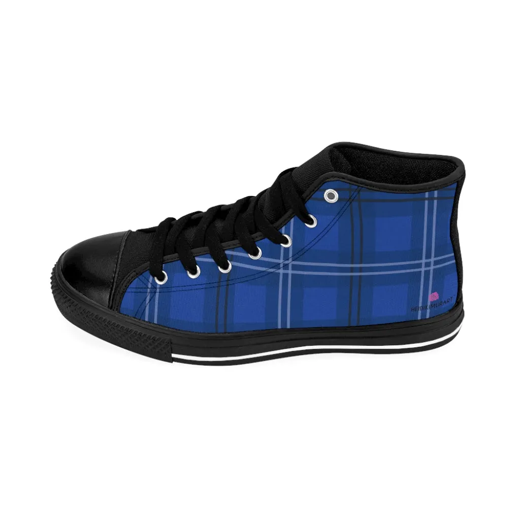 Blue Plaid Men's High Tops, Scottish Plaid Preppy Printed Canvas Fashion Tennis Shoes For Men