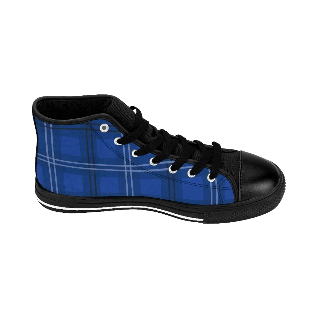 Blue Plaid Men's High Tops, Scottish Plaid Preppy Printed Canvas Fashion Tennis Shoes For Men