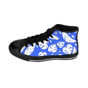 Blue Tropical Men's High-top Sneakers, Tropical Leaves Hawaiian Style Men's Designer Tennis Running Shoes