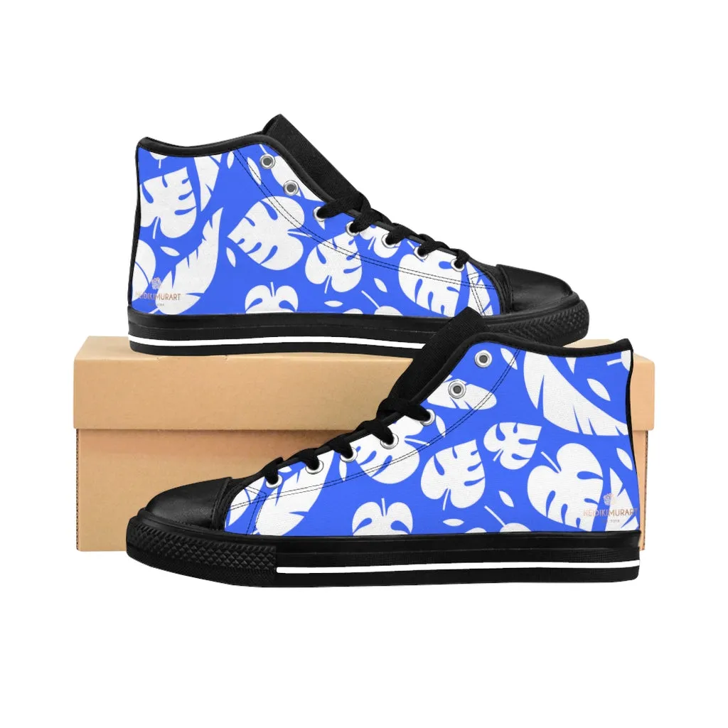 Blue Tropical Men's High-top Sneakers, Tropical Leaves Hawaiian Style Men's Designer Tennis Running Shoes