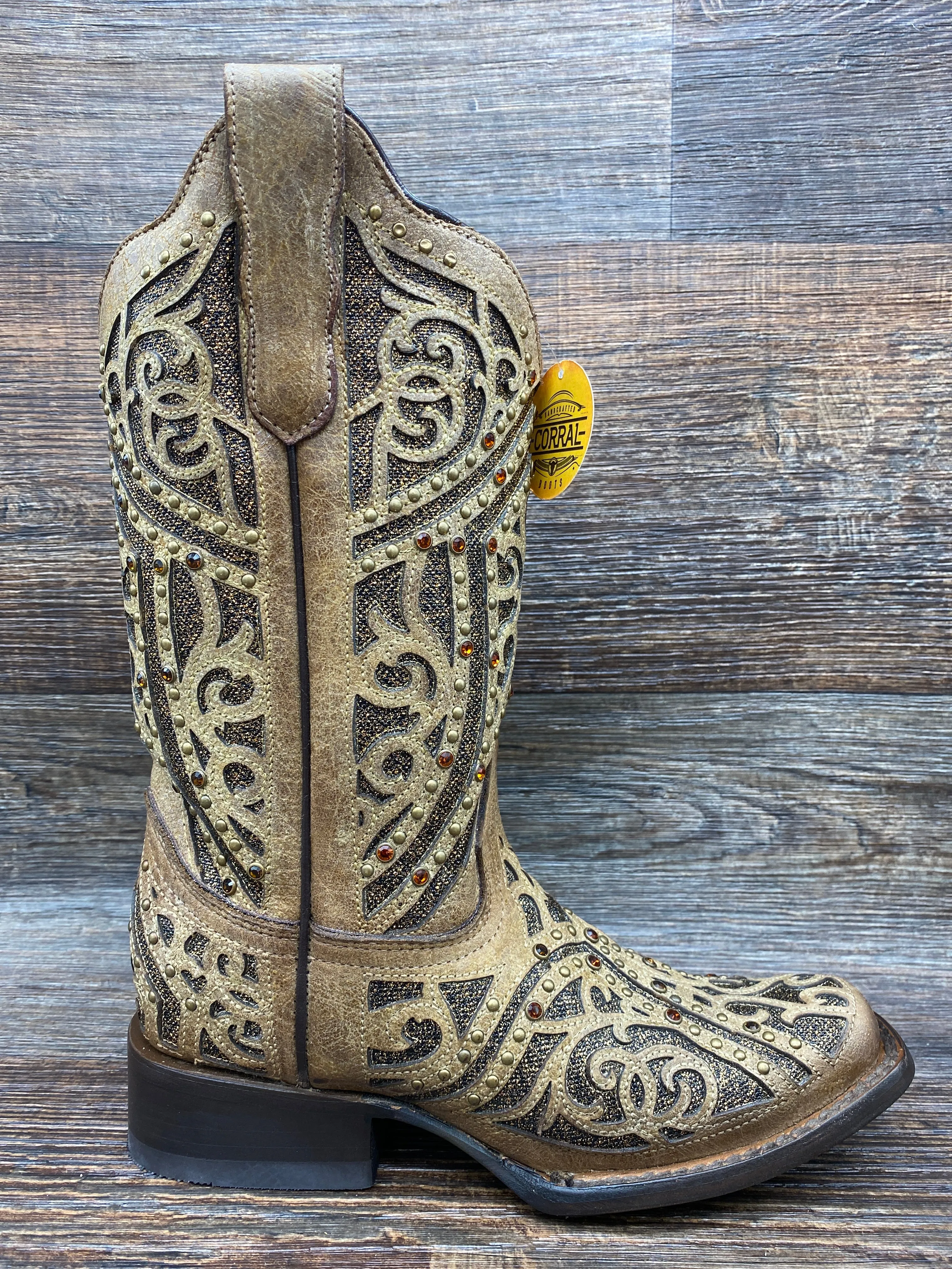 e1623 Women's Square Toe Laser Inlay & Studs Western Boot by Corral