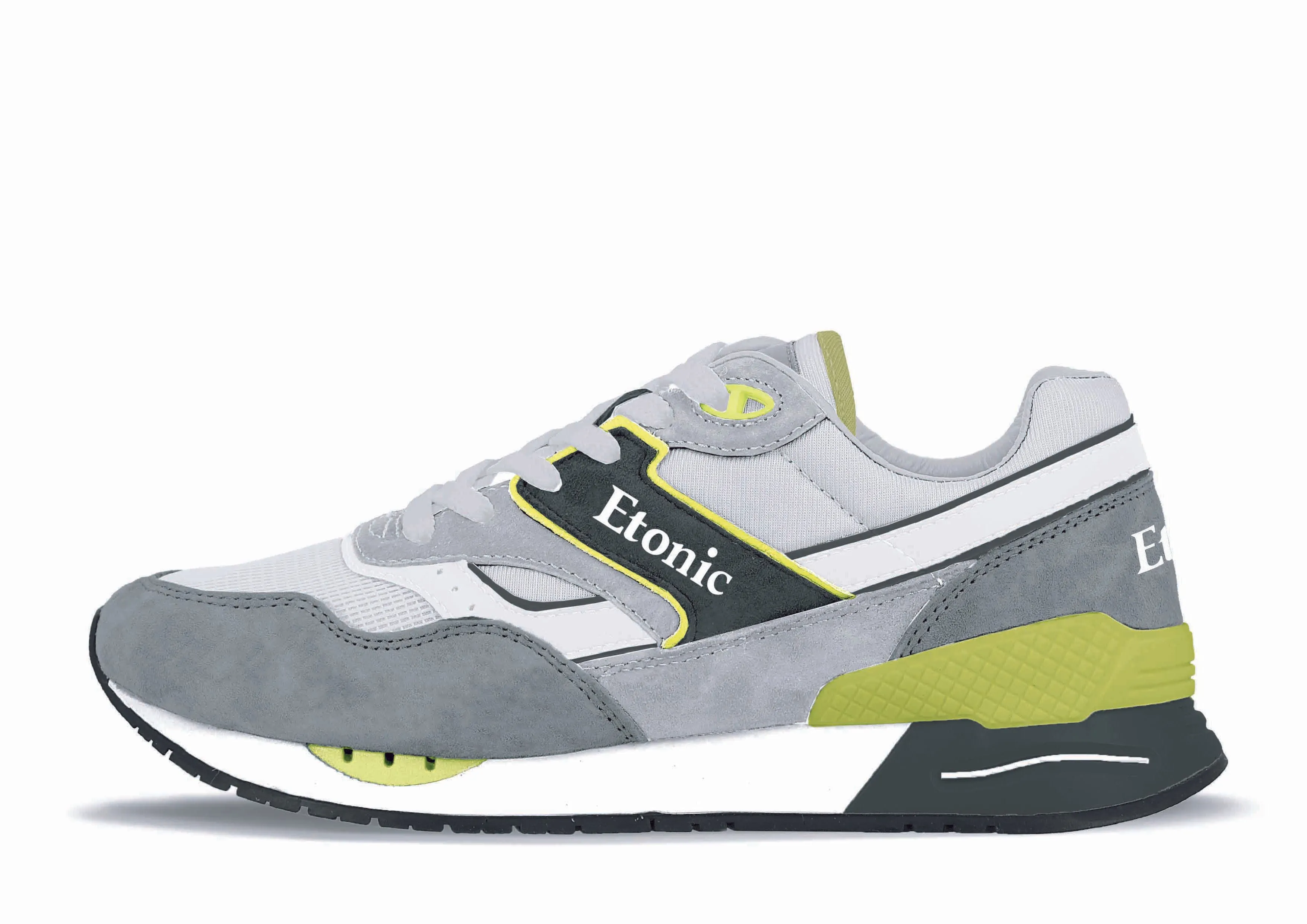 Etonic Stable Base sneakers in light grey mesh fabric and grey suede with multi-layer white leather and lime yellow inserts