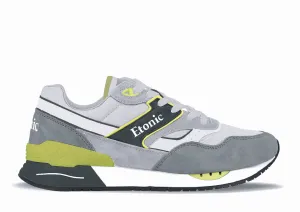 Etonic Stable Base sneakers in light grey mesh fabric and grey suede with multi-layer white leather and lime yellow inserts