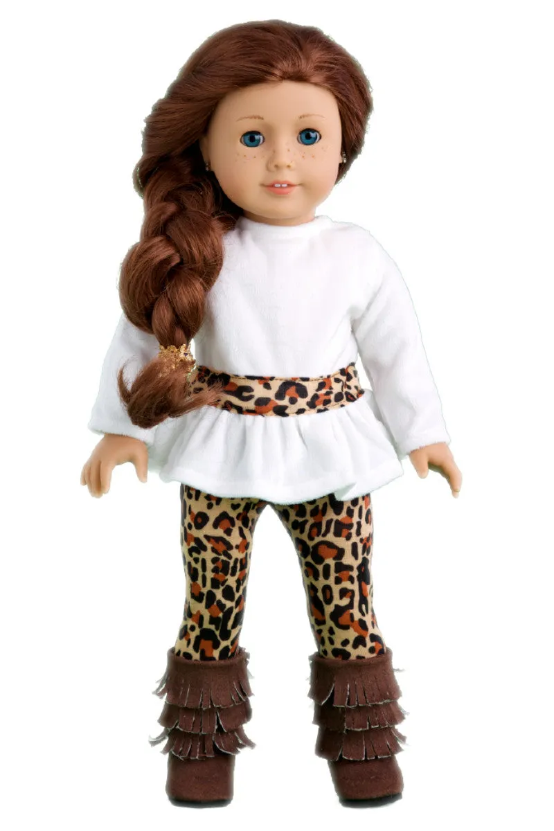 Fashion Safari - Clothes for 18 inch Doll - Ivory Velvet Tunic with Cheetah Leggings and Fringed Boots