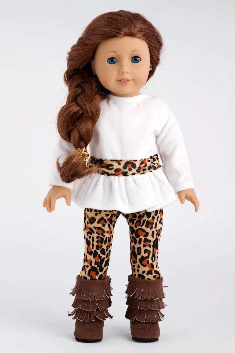 Fashion Safari - Clothes for 18 inch Doll - Ivory Velvet Tunic with Cheetah Leggings and Fringed Boots