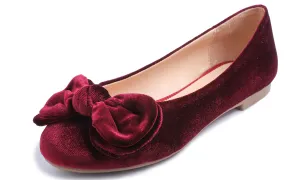 Feversole Women's Round Toe Cute Bow Trim Ballet Flats Burgundy Red Velvet Twist Bow