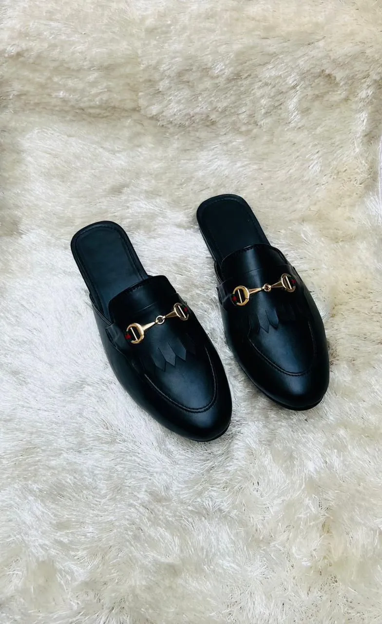 Formal Design Backless Slip On Mule Gold Buckle Loafers Shoes-JonasParamount