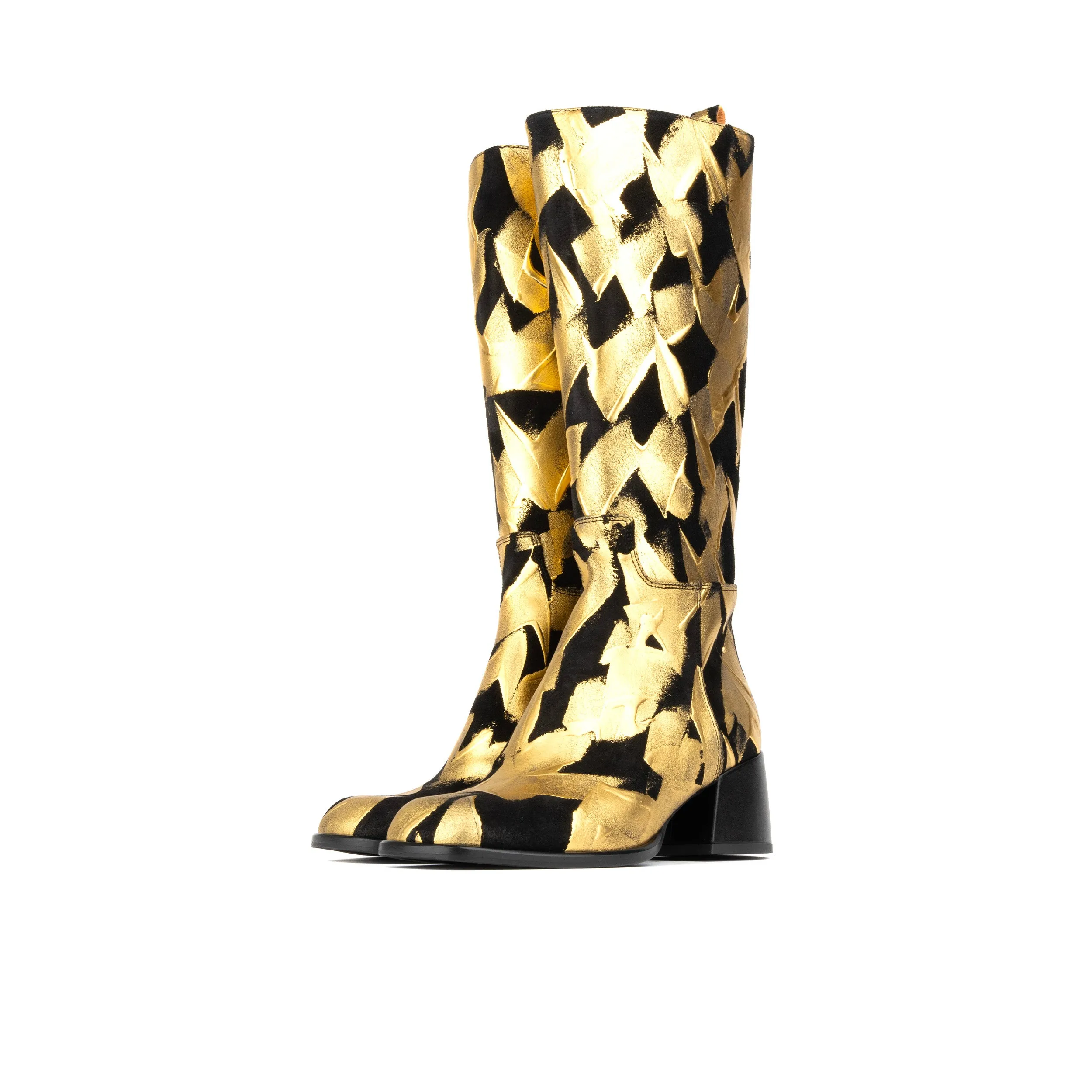 Gogo - Gold Black - Women's square toe knee-high boot in gold & black leather