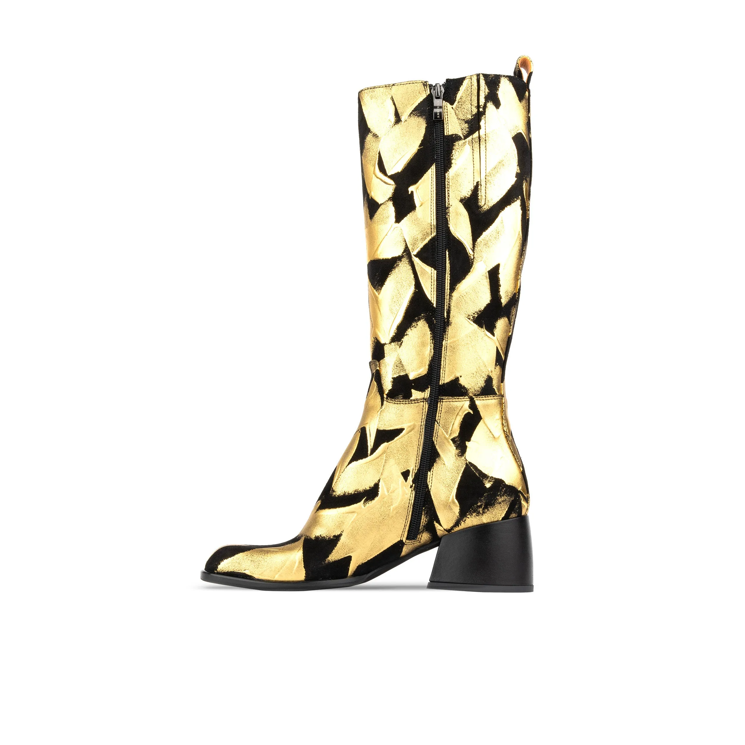 Gogo - Gold Black - Women's square toe knee-high boot in gold & black leather