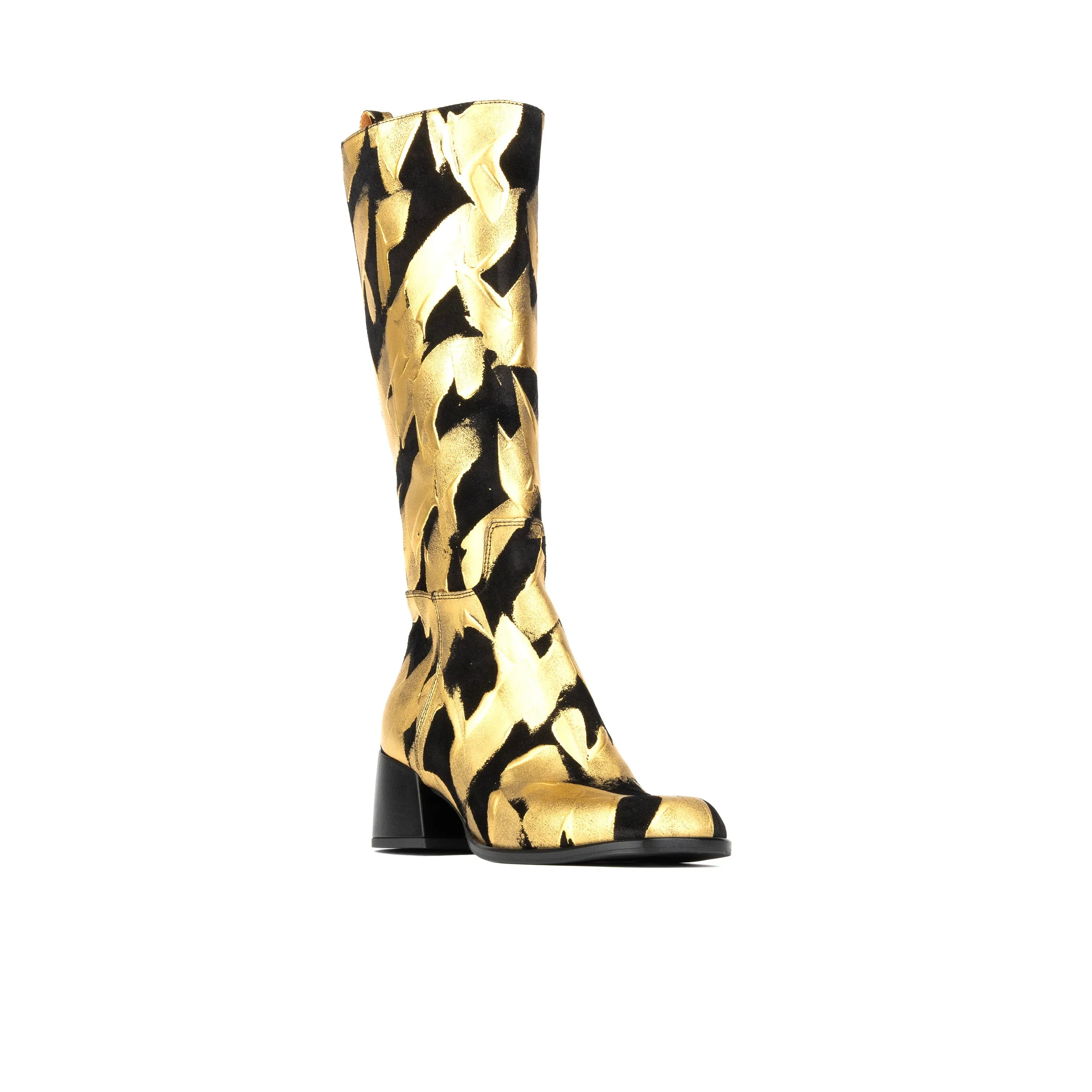 Gogo - Gold Black - Women's square toe knee-high boot in gold & black leather