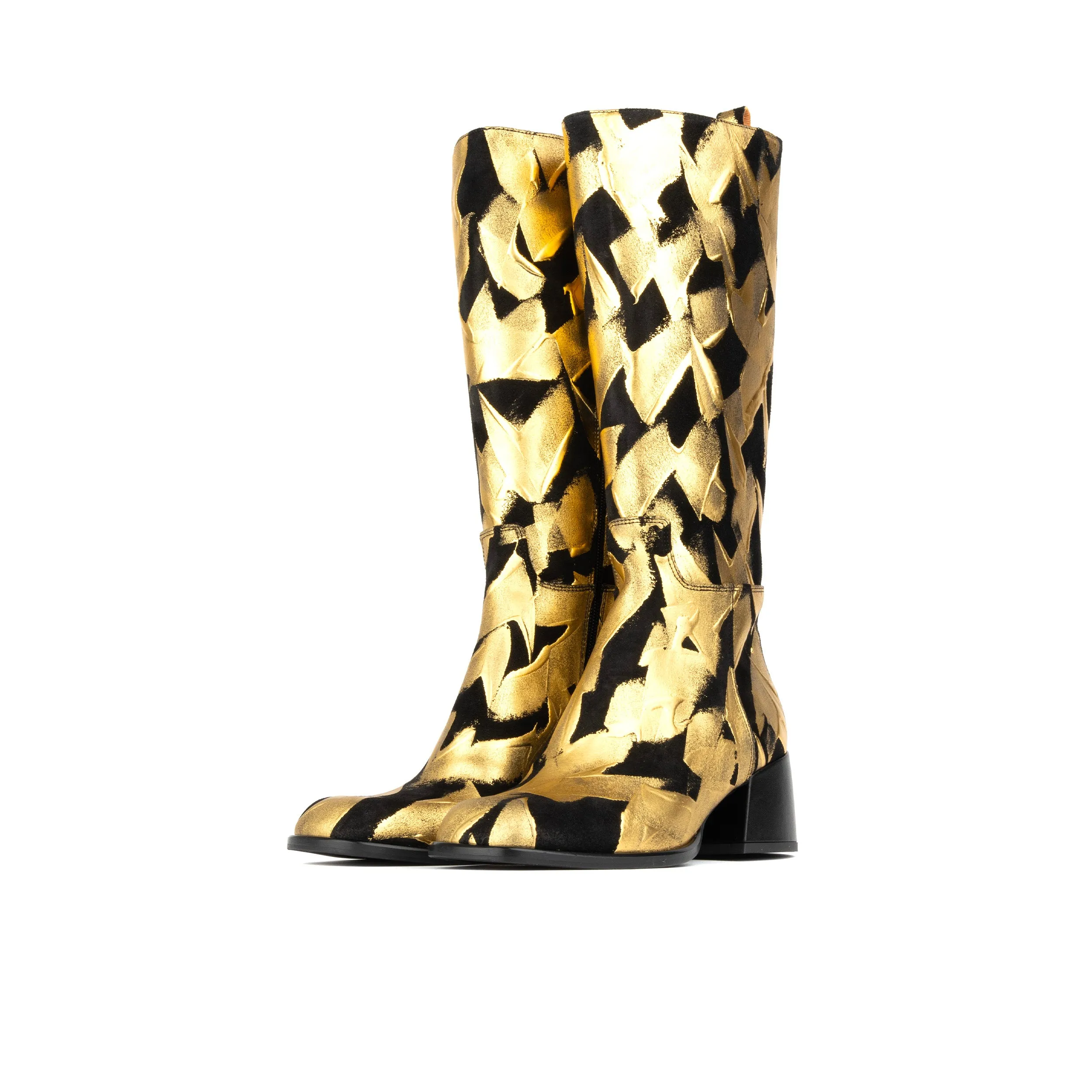 Gogo - Gold Black - Women's square toe knee-high boot in gold & black leather