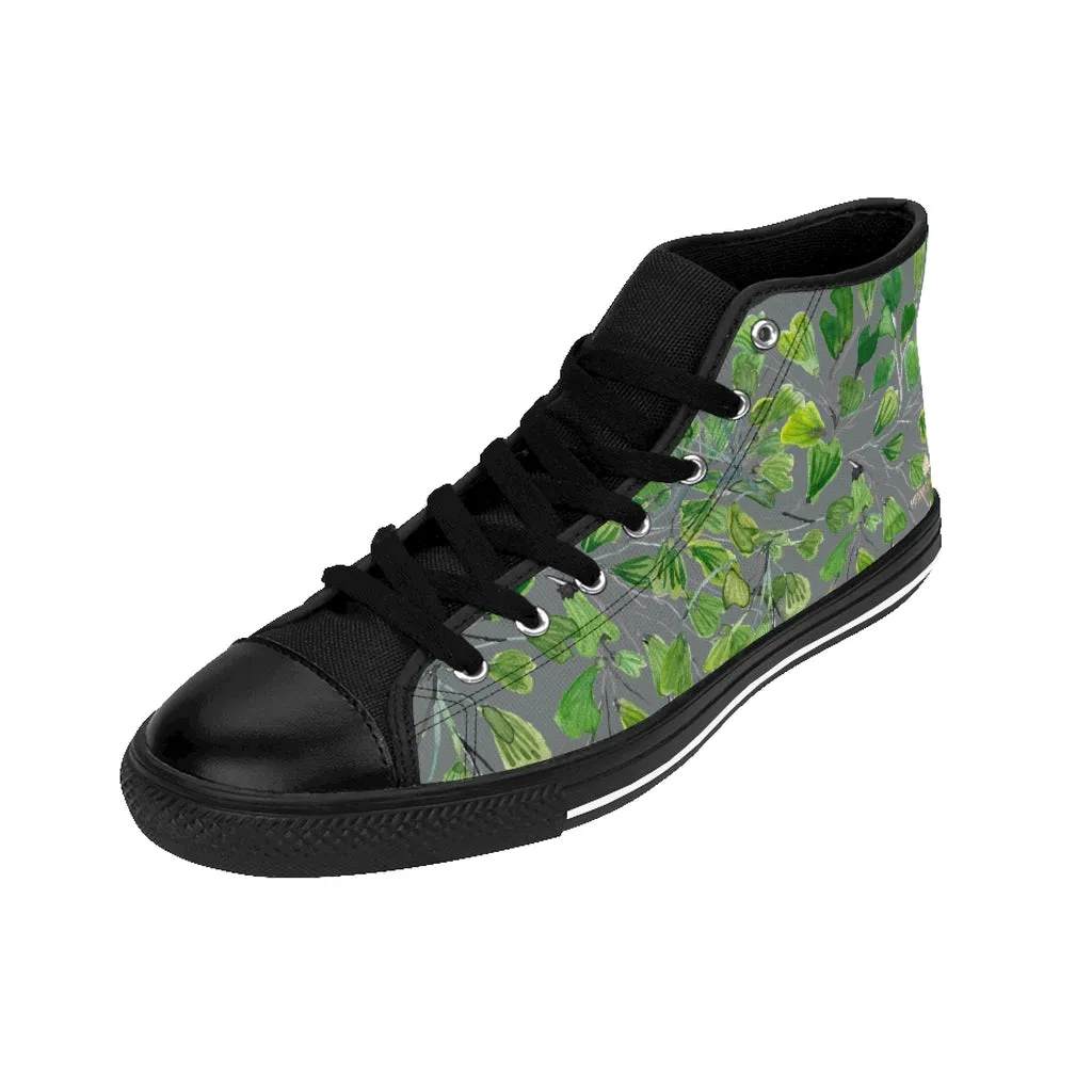 Gray Fern Men's High-top Sneakers, Green Maidenhair Leaf Designer Tennis Running Shoes