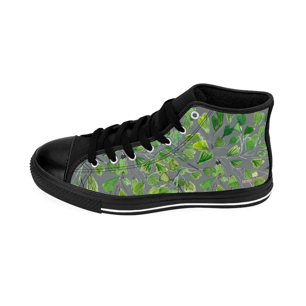 Gray Fern Men's High-top Sneakers, Green Maidenhair Leaf Designer Tennis Running Shoes