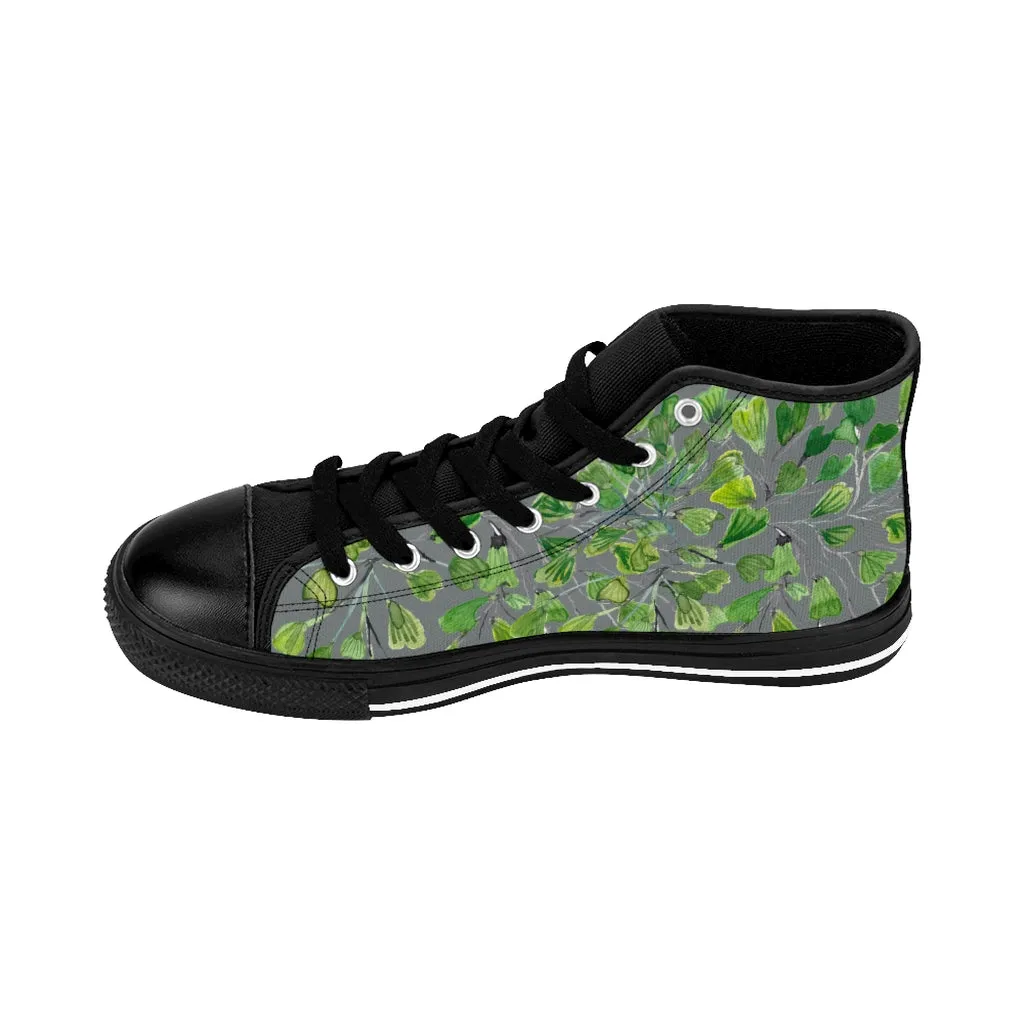 Gray Fern Men's High-top Sneakers, Green Maidenhair Leaf Designer Tennis Running Shoes