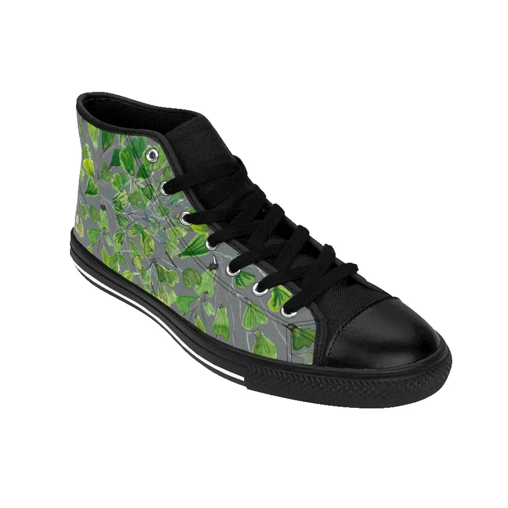 Gray Fern Men's High-top Sneakers, Green Maidenhair Leaf Designer Tennis Running Shoes