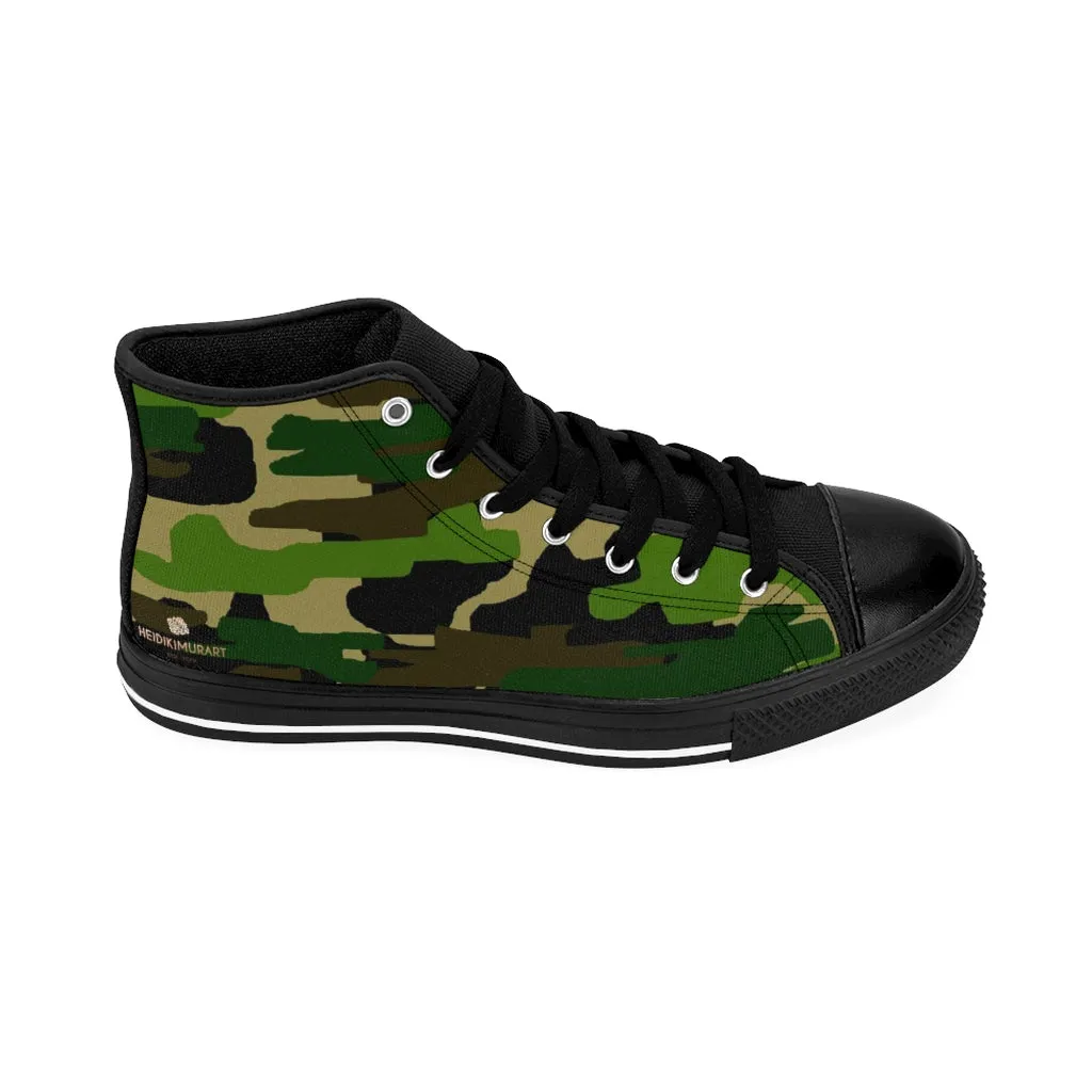 Green Camo Men's High-top Sneakers, Camouflage Military Print Men's Designer Tennis Running Shoes