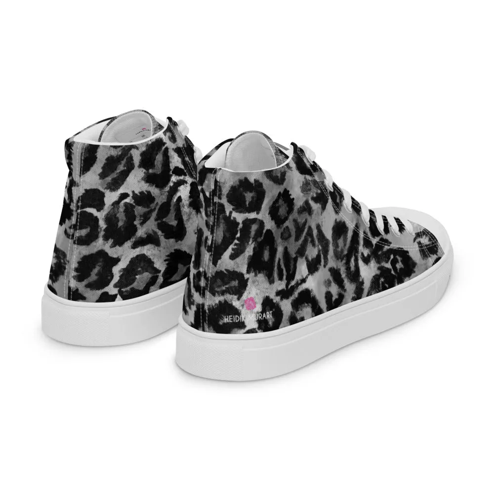 Grey Leopard Print Women's Sneakers, Sexy Animal Print Premium High Top Tennis Shoes For Ladies