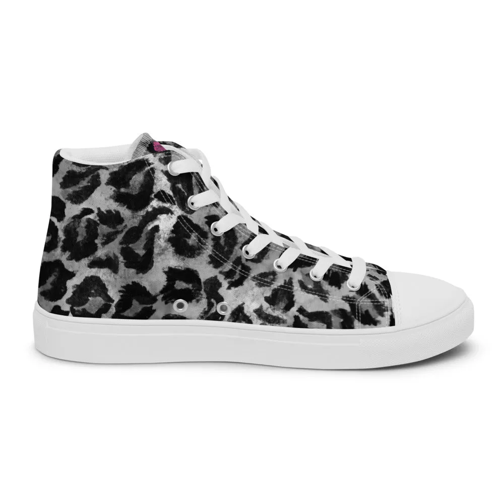 Grey Leopard Print Women's Sneakers, Sexy Animal Print Premium High Top Tennis Shoes For Ladies