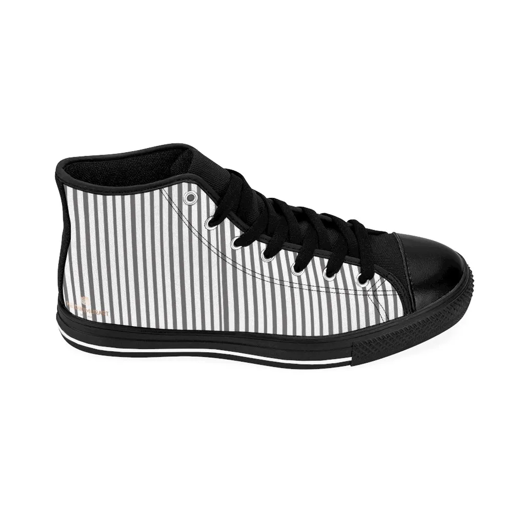 Grey Striped Men's High-top Sneakers, Modern Stripes Designer Tennis Running Shoes For Men