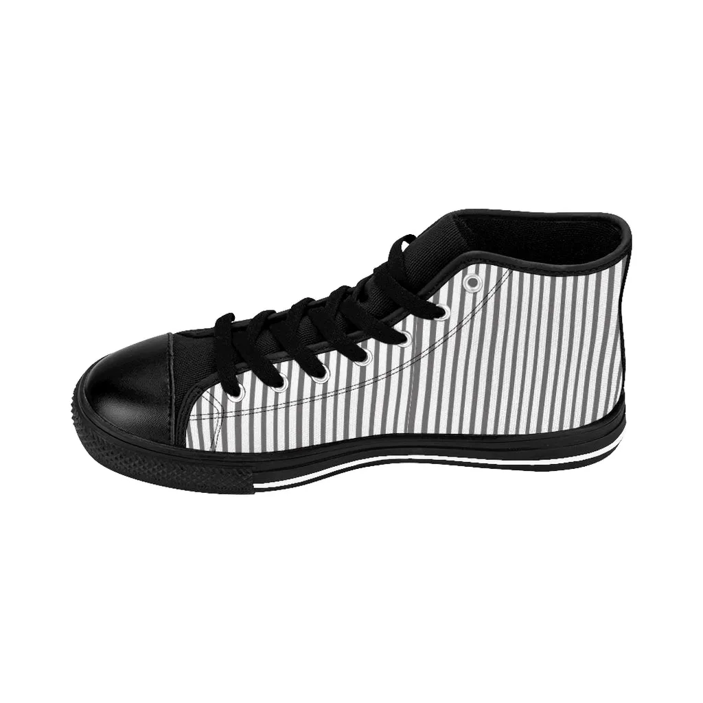 Grey Striped Men's High-top Sneakers, Modern Stripes Designer Tennis Running Shoes For Men