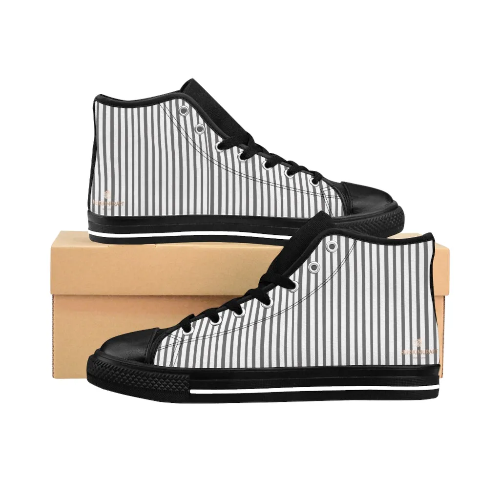 Grey Striped Men's High-top Sneakers, Modern Stripes Designer Tennis Running Shoes For Men