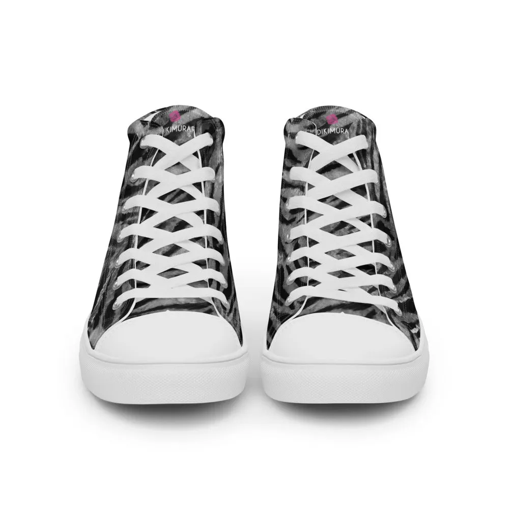 Grey Tiger Striped Women's Sneakers, Animal Print Designer Tiger Stripes High Top Tennis Shoes