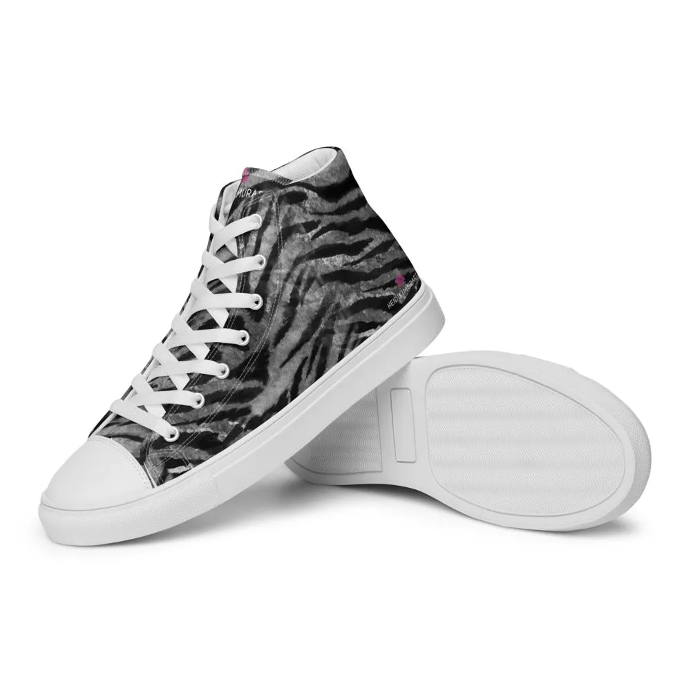 Grey Tiger Striped Women's Sneakers, Animal Print Designer Tiger Stripes High Top Tennis Shoes