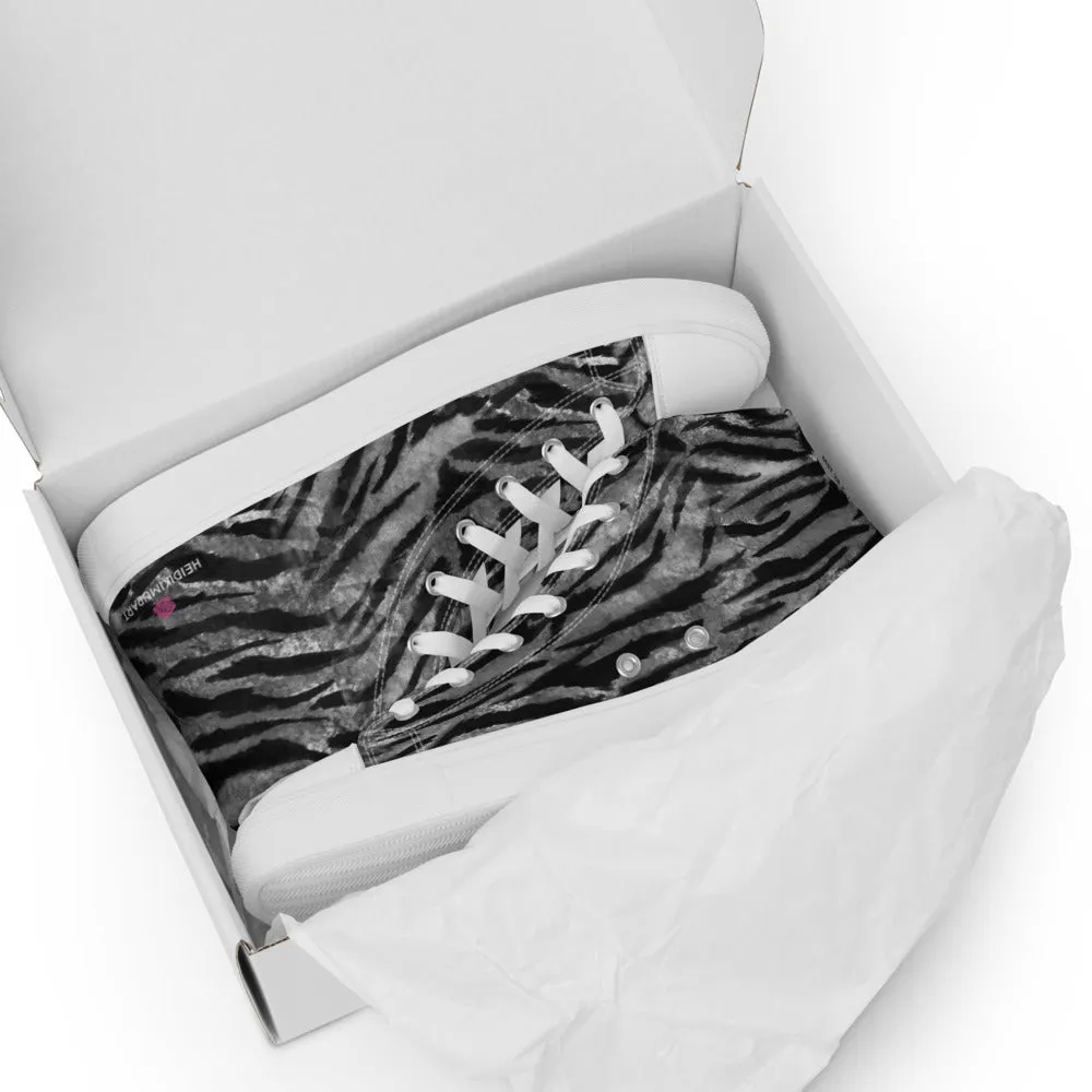 Grey Tiger Striped Women's Sneakers, Animal Print Designer Tiger Stripes High Top Tennis Shoes