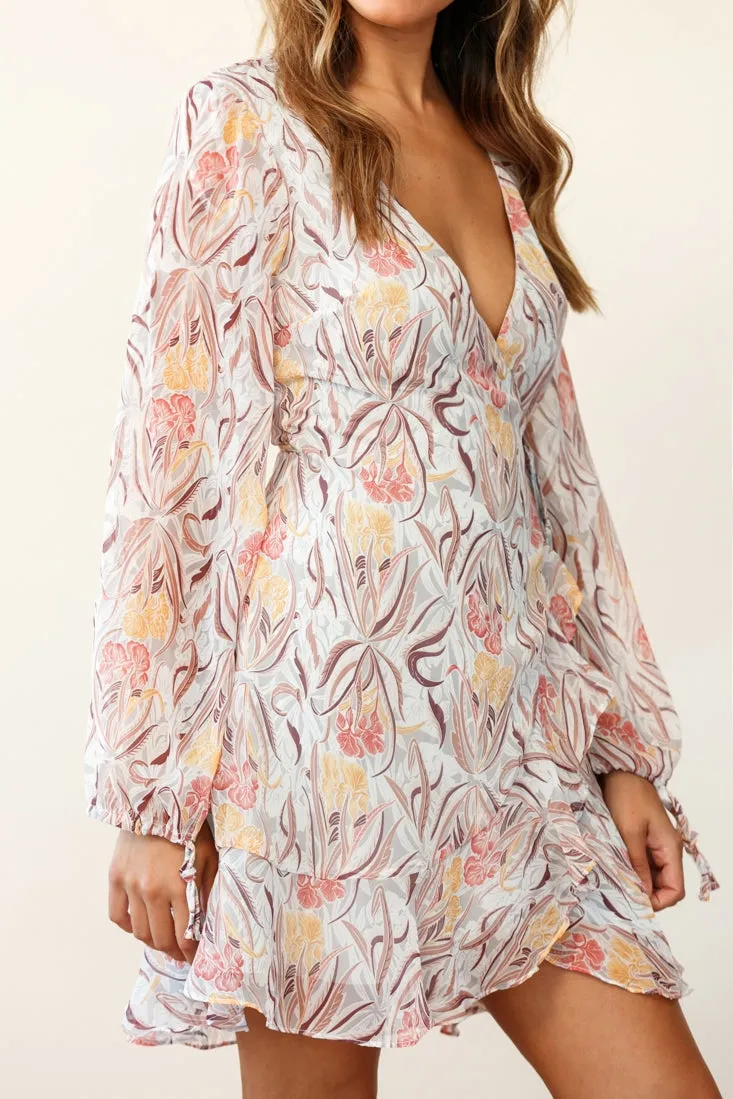 Hartley Balloon Sleeve Wrap Dress Floral Print Grey