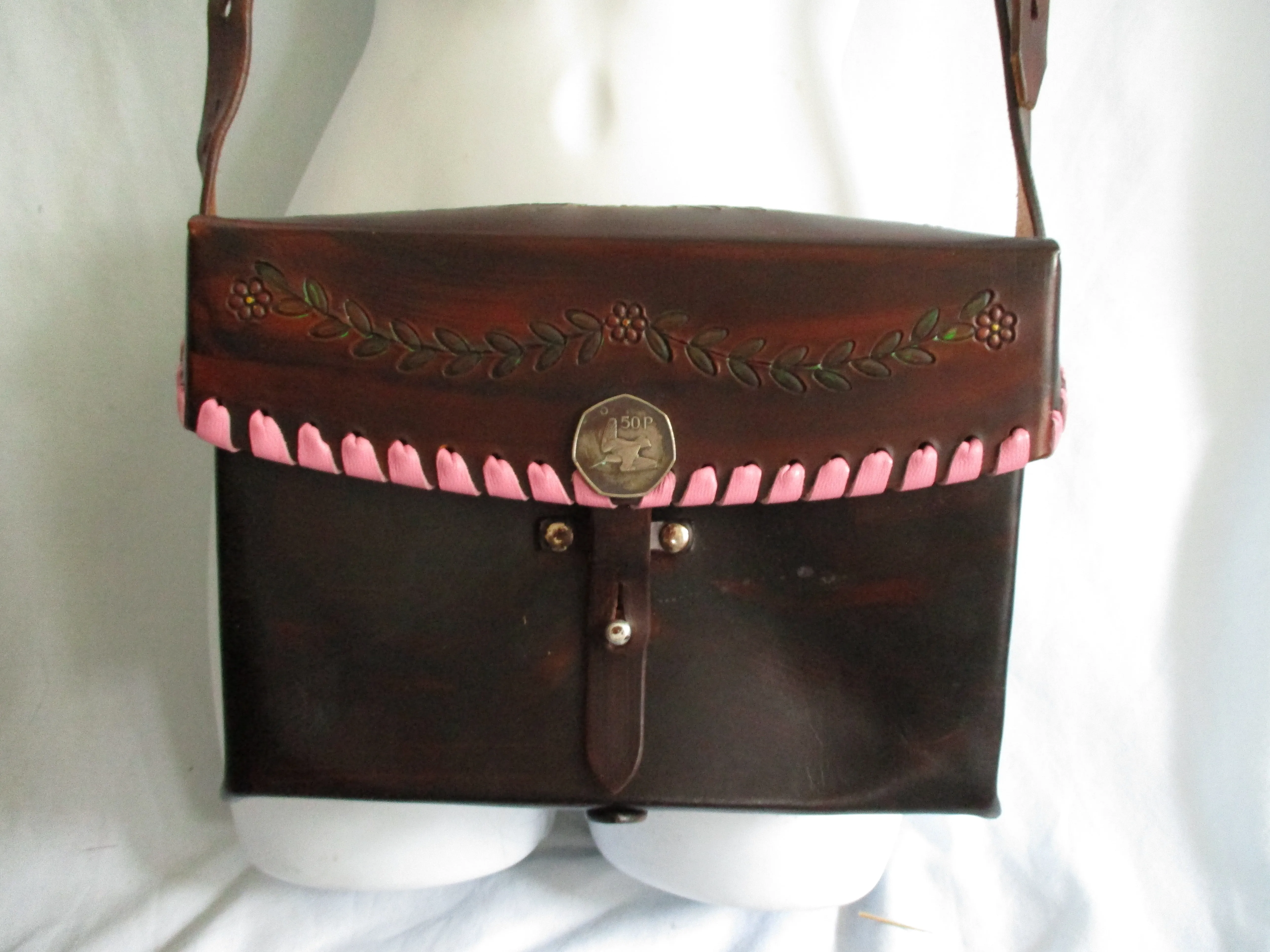 NEW Handmade Tooled LEATHER Shoulder Saddle Flap Bag BROWN Ethnic FLORAL Coin