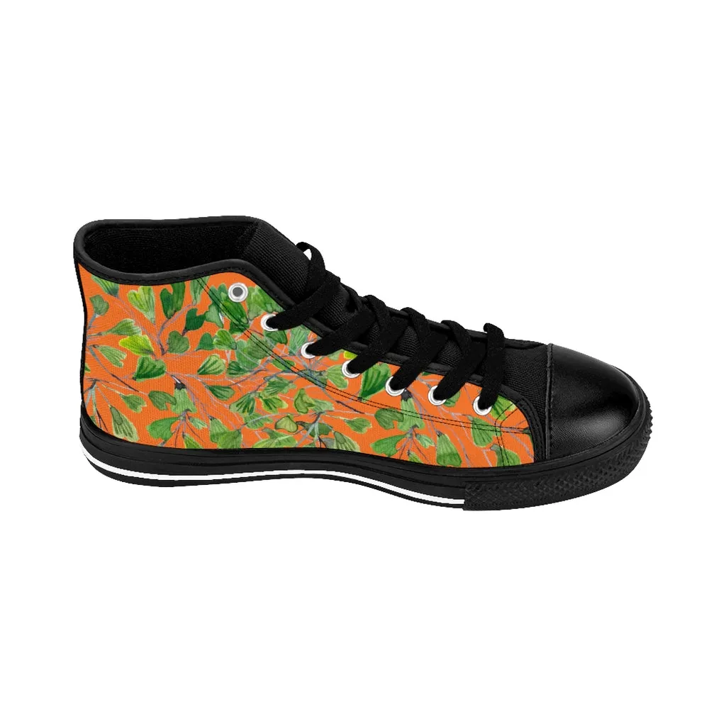 Orange Fern Men's High-top Sneakers, Green Maidenhair Leaf Designer Tennis Running Shoes