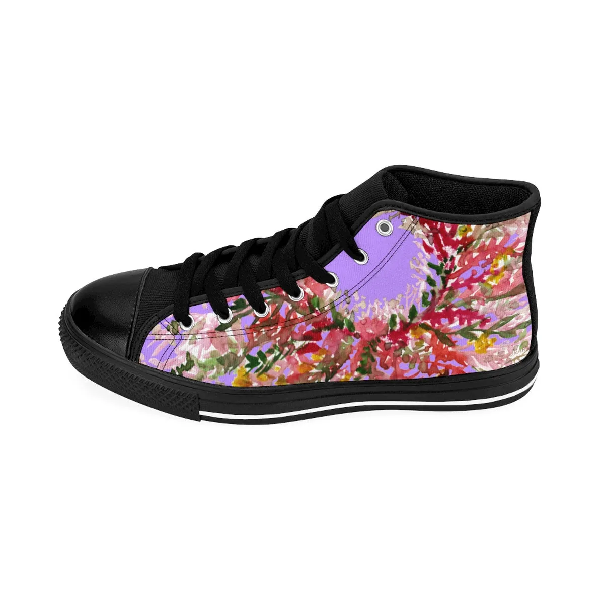 Purple Red Floral Men's Sneakers, Fall Floral Print High-top Sneakers Tennis Fashion Shoes