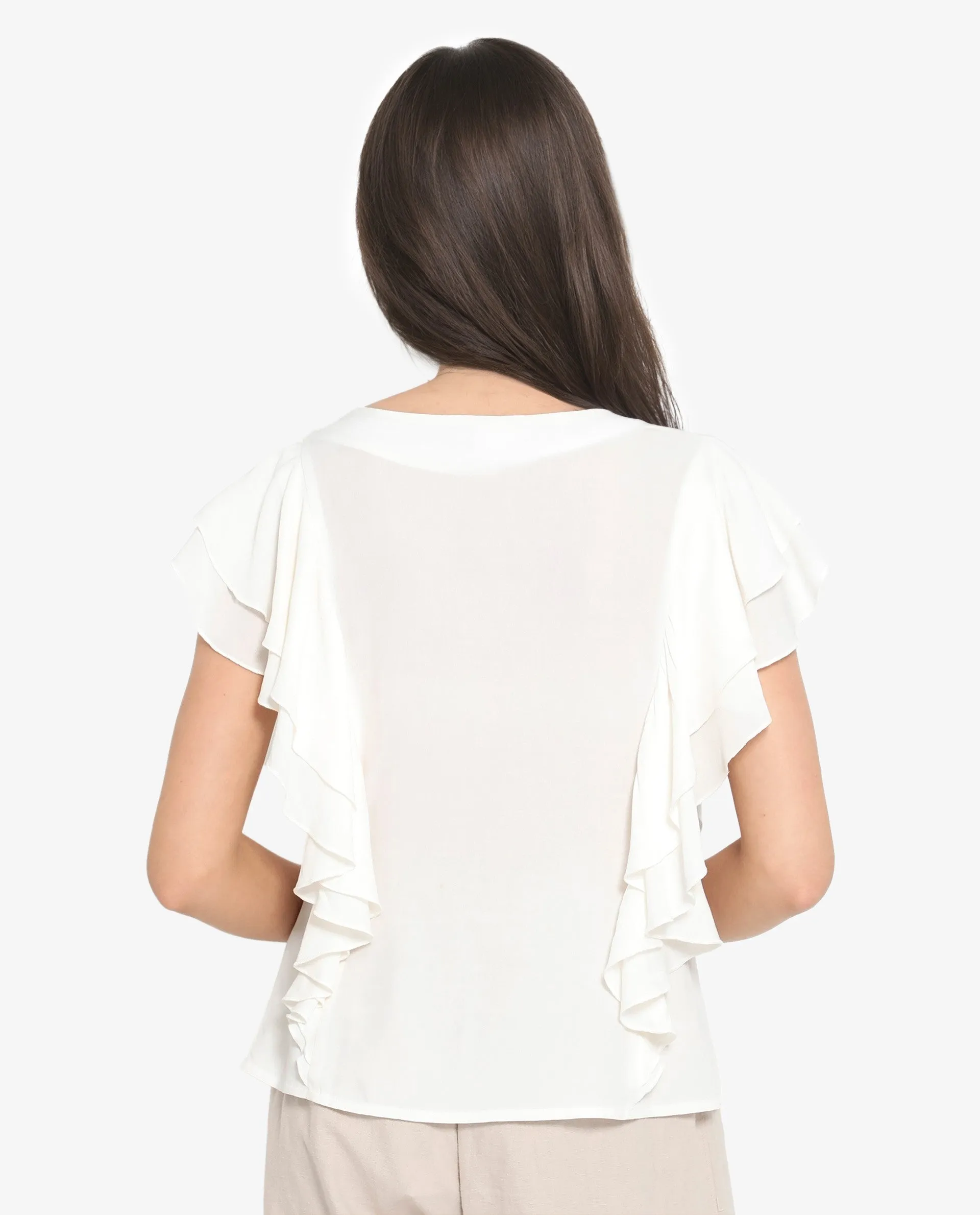 Rareism Women Samal Off White Ruffled Sleeves Boat Neck Plain Top