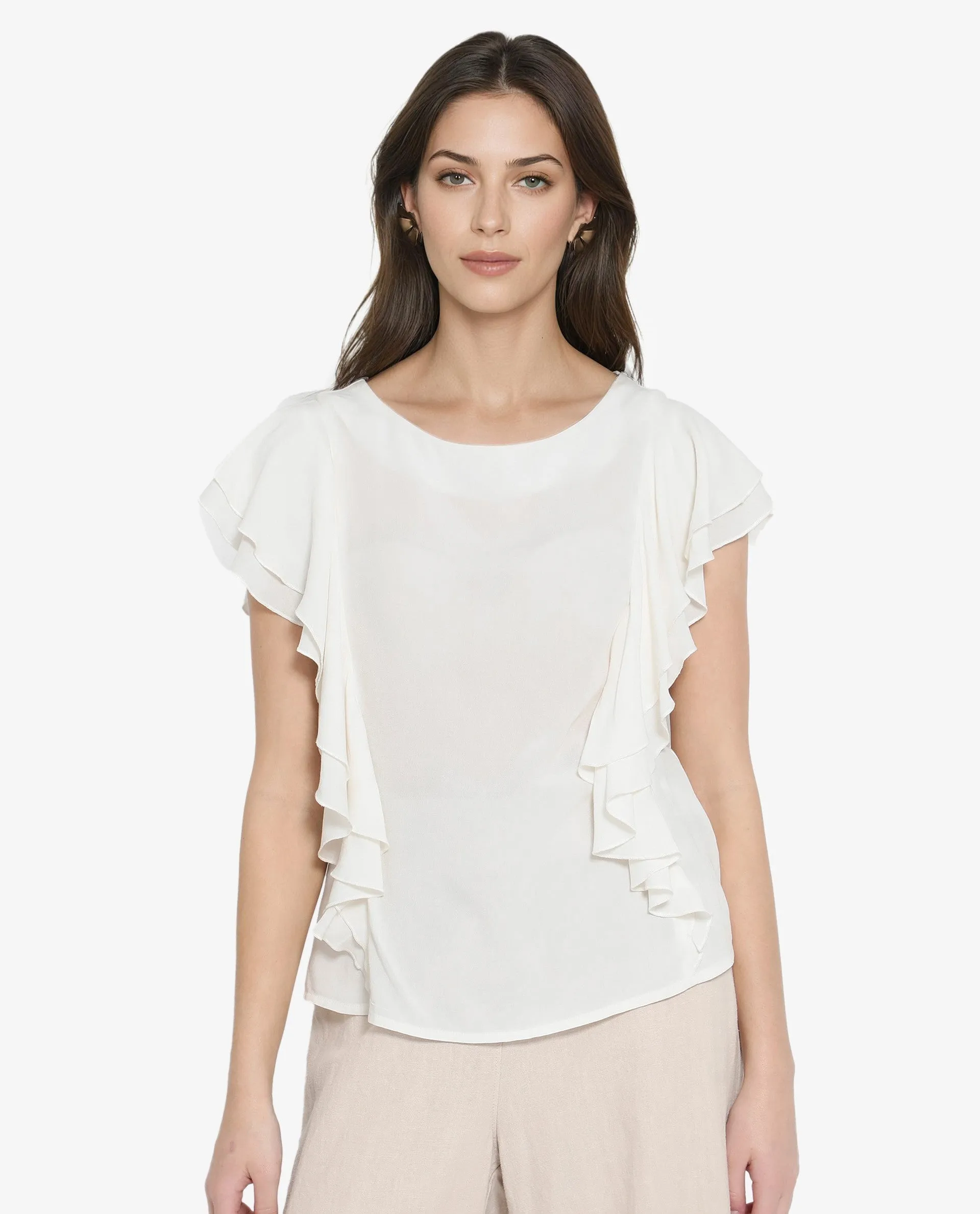 Rareism Women Samal Off White Ruffled Sleeves Boat Neck Plain Top