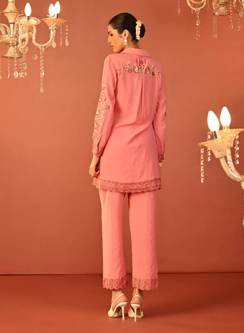 Sabeena Pink Embroidered Cotton Linen Co-ord Set for Women