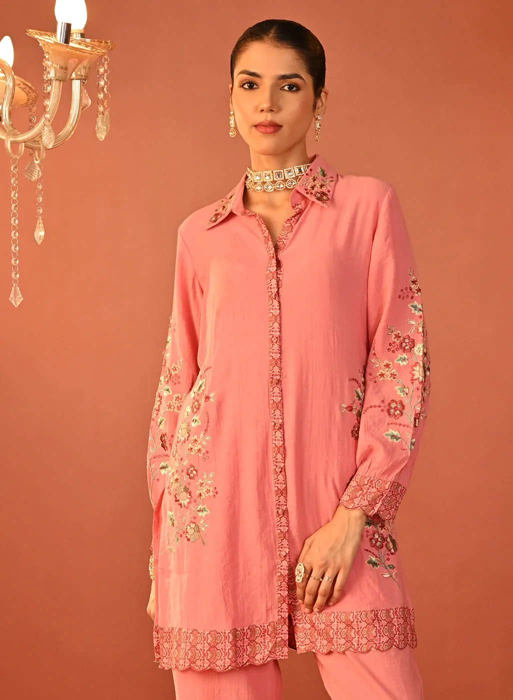 Sabeena Pink Embroidered Cotton Linen Co-ord Set for Women