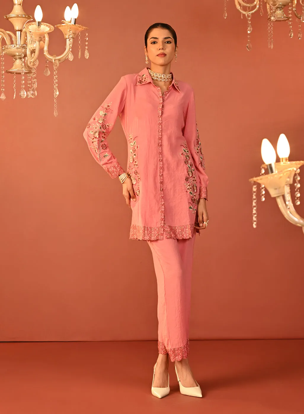 Sabeena Pink Embroidered Cotton Linen Co-ord Set for Women